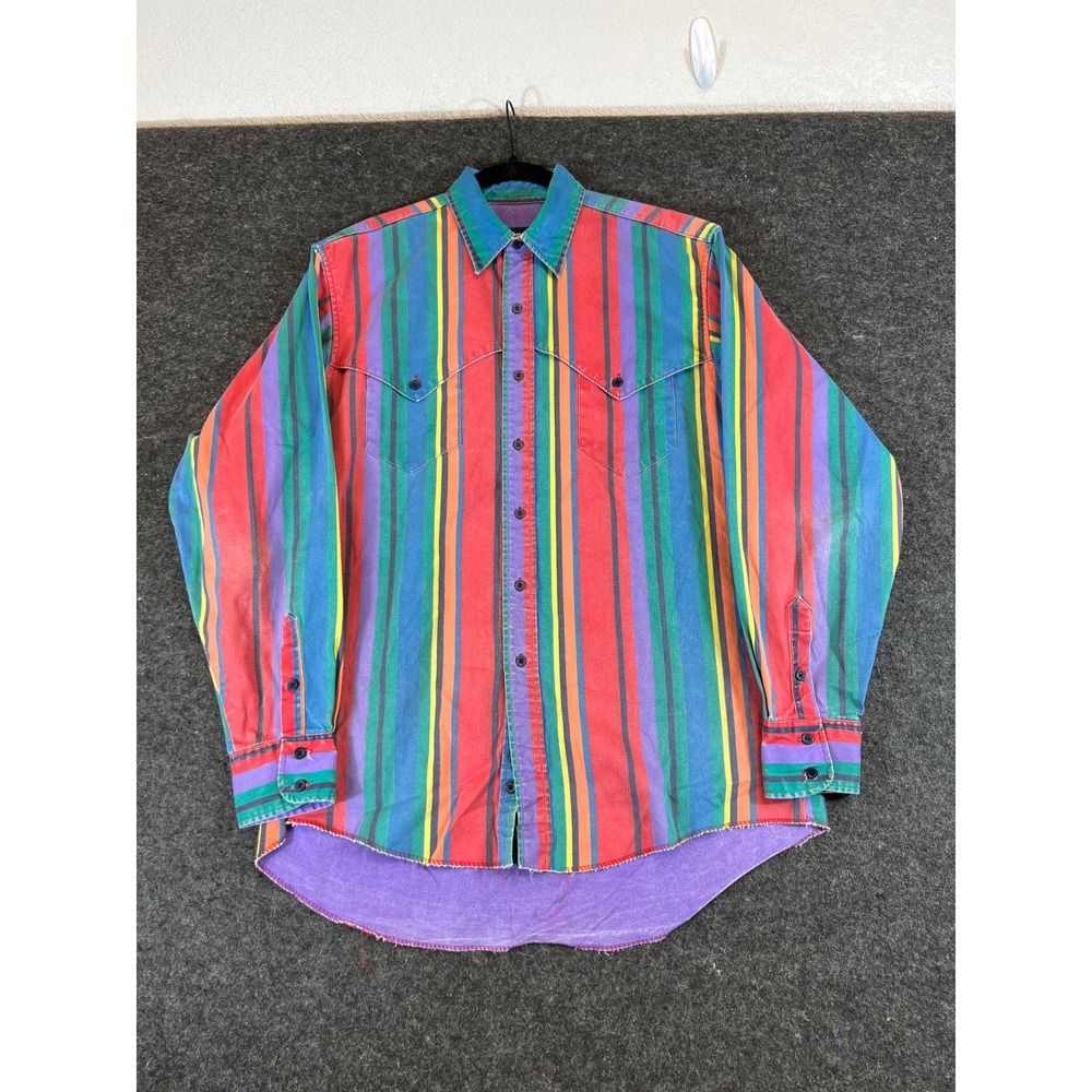 Vintage 90s Wrangler Men Striped Western Shirt Long Tail 16.5-35 Brushpopper USA
